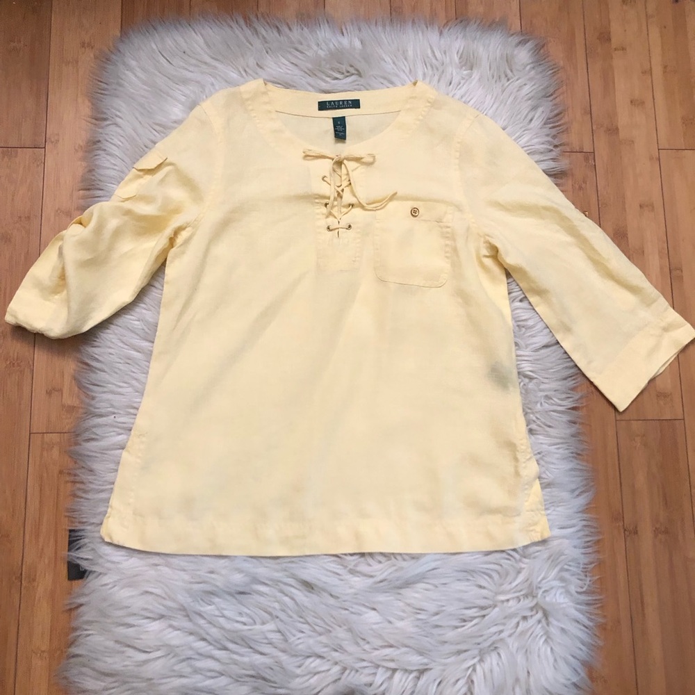 Lauren Ralph Lauren 100% Linen Yellow Tie Neck 3/4 Rolled Sleeves Top S NWOT